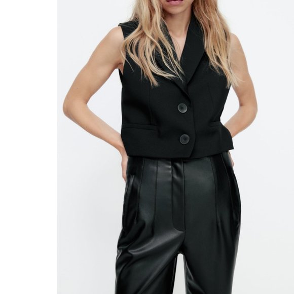 ZARA BLACK HIGH-RISE FAUX LEATHER ANKLE TROUSERS - Picture 11 of 16